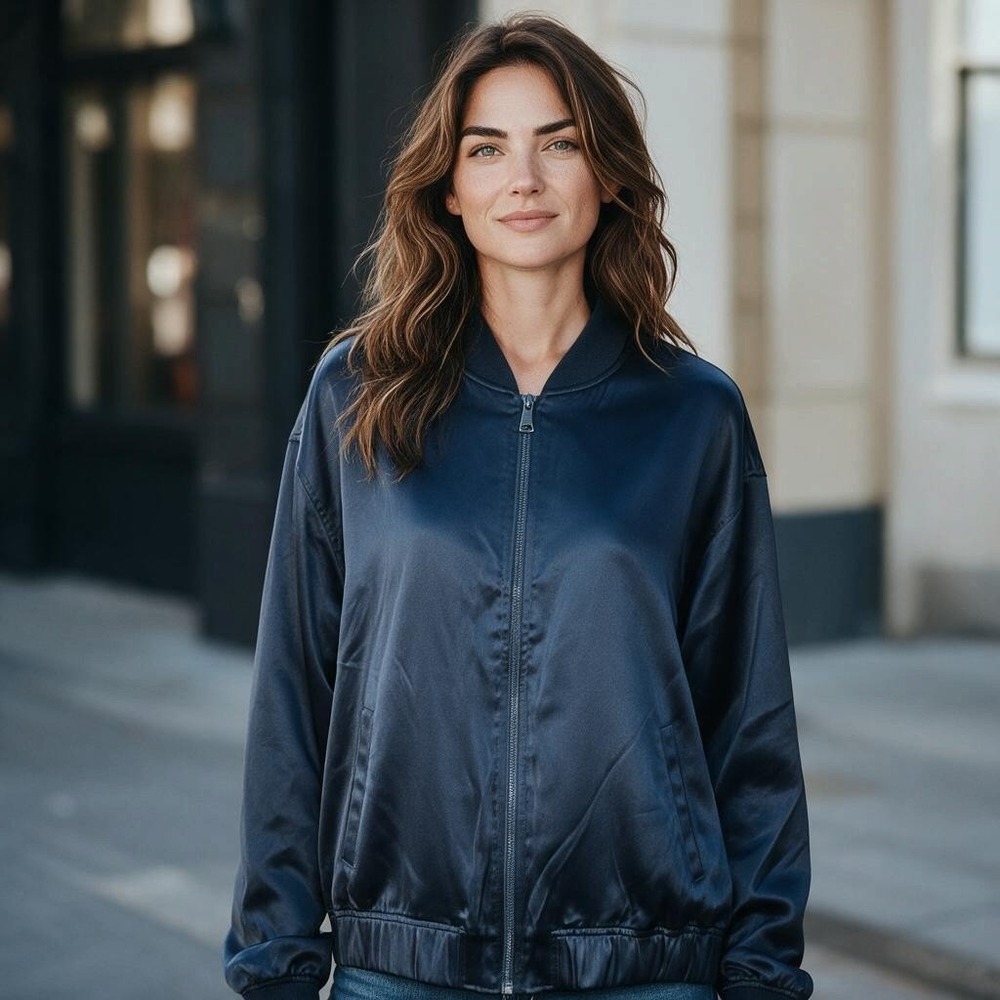 Edited by Remi Bader Satin Bomber Jacket Black ER5006 NWT Large